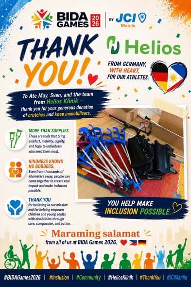Donated crutches and knee braces from Helios Klinik Kiel, Germany, delivered to Filipino athletes at BIDA Games 2026
